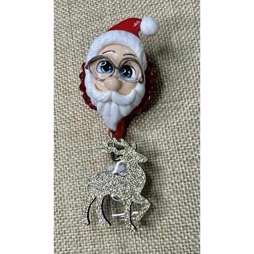 Santa With Glasses Handmade Badge Reel With Red Rhinestones On Alligator Clip